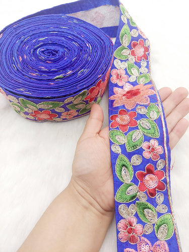 Blue Silk Fabric Embroidered Trim, Floral Embroidery Indian Sari Border Trim By Yard Decorative Trim Craft Lace, Sequins Trim